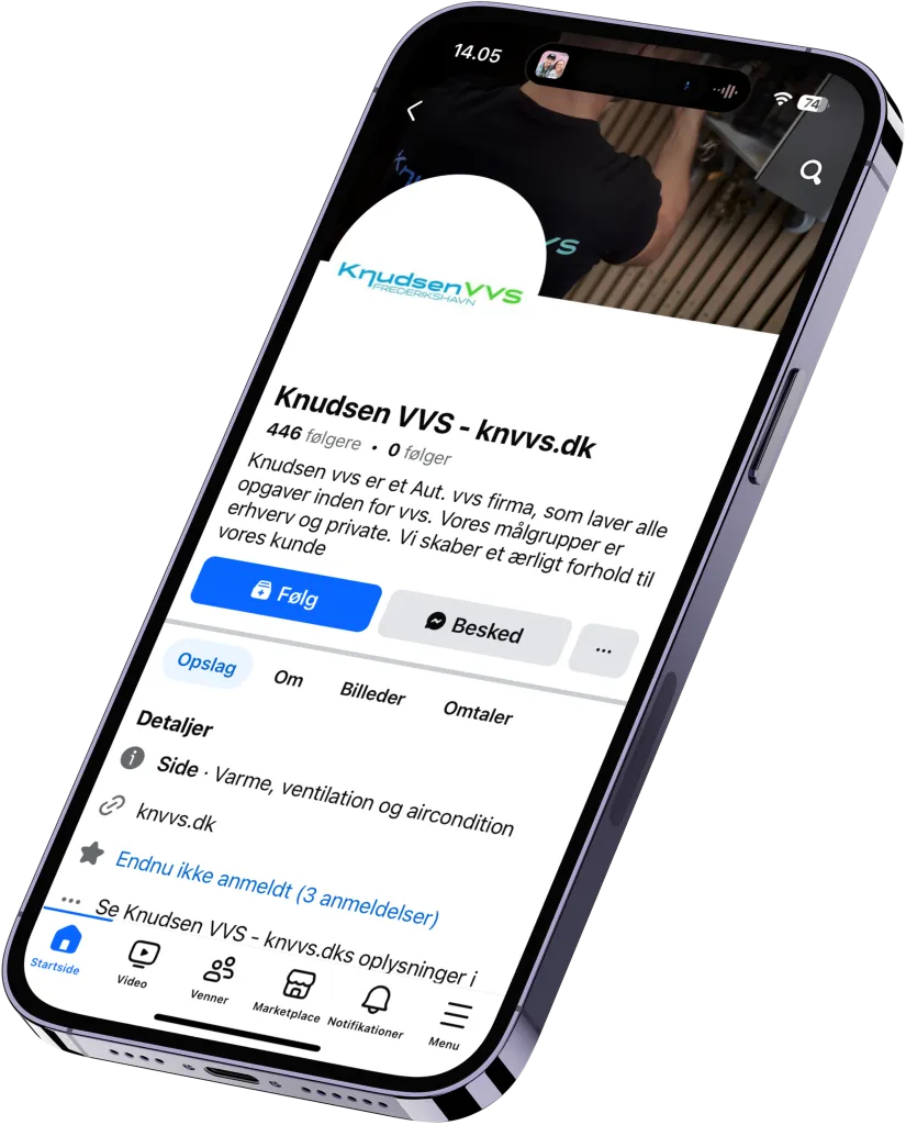Smartphone viser Facebook-side for Knudsen VVS